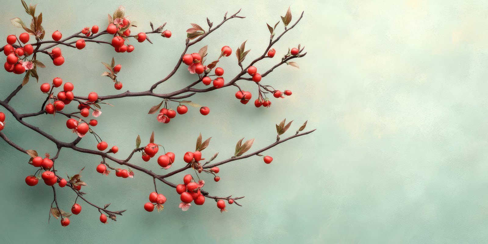 Branch with vibrant red berries against a soothing green background in a tranquil setting